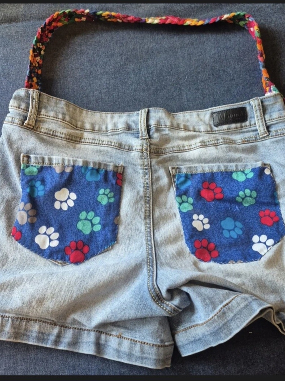 Upcycled Light Wash Denim Shorts with Paw Print Pockets
